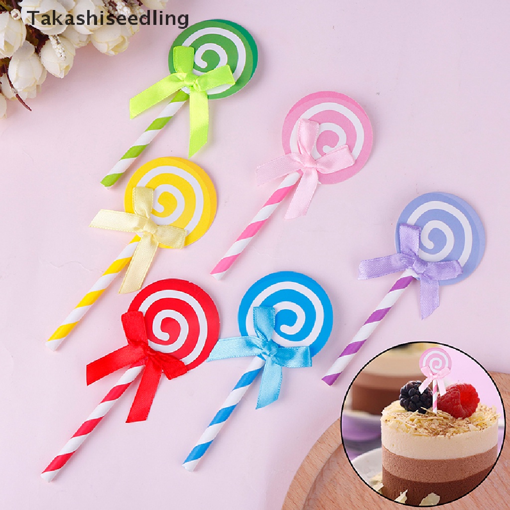 Set 6 Que Cắm Trang Trí Bánh Hình Kẹo Mút Thắt Nơ Màu Sắc Ngọt Ngào