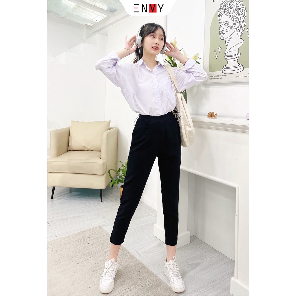 Áo sơ mi nữ trắng tay dài đi học có túi kiểu ENVY SO03 màu trắng form rộng style học sinh, sinh viên