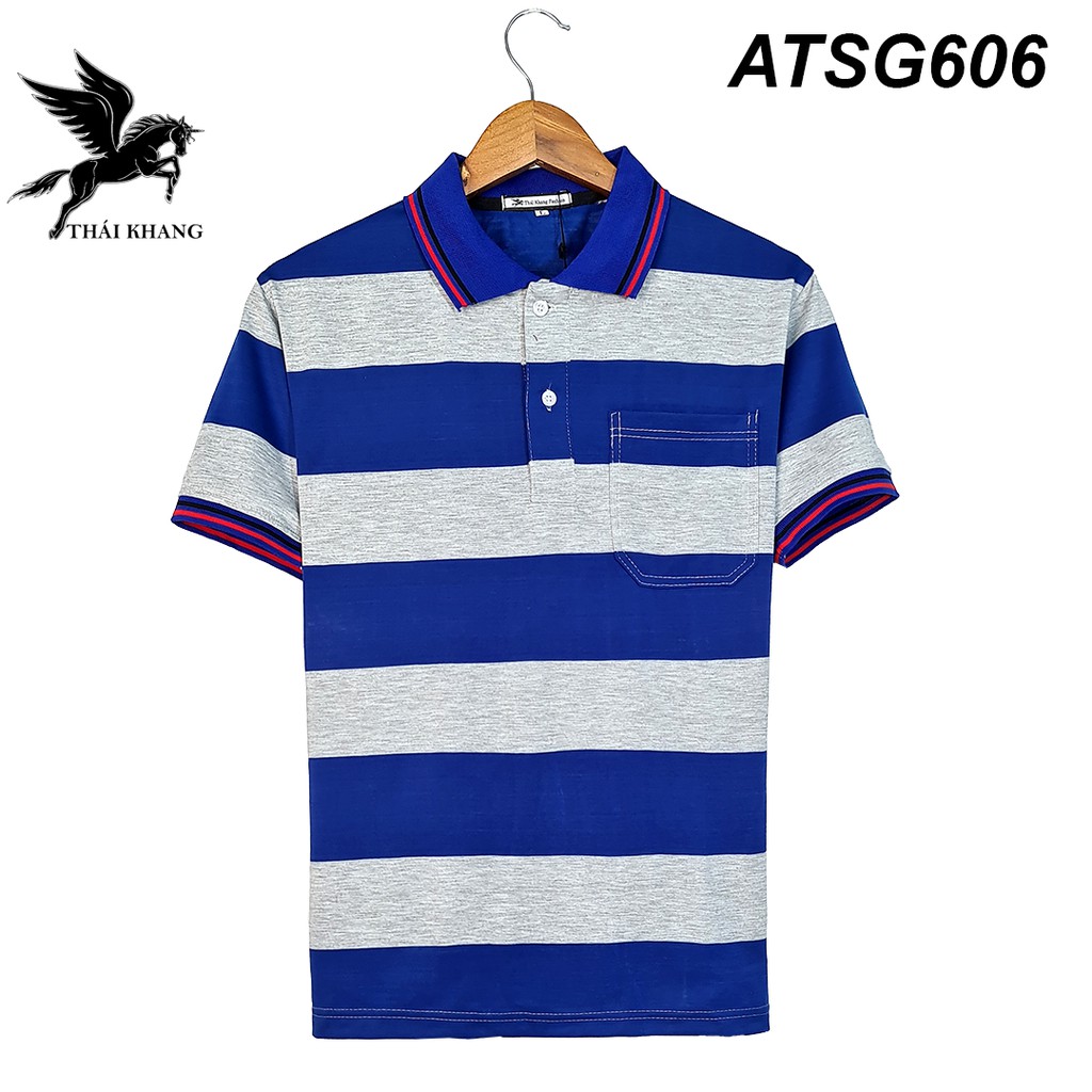 áo thun nam có cổ có túi tay ngắn sọc ngang vải cotton loại áo polo nam tay lỡ form rộng trung niên TOG1