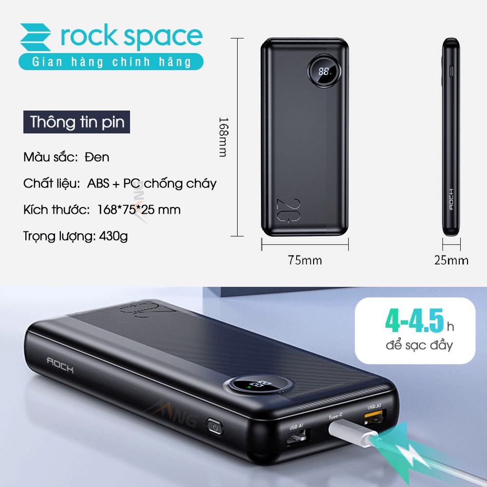 Pin sạc dự phòng Rockspace P75 20.000mAh 63W  sạc được laptop hỗ trợ sạc nhanh chuẩn PD cho iphone,QC cho Samsung