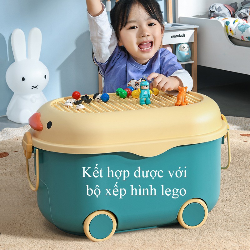 Thùng đựng đồ chơi cho bé hình con vịt có bánh xe, tay cầm nắp thùng xếp lego có thể đựng quần áo, sách vở