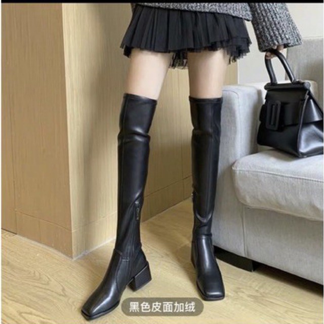 SẴN/ bốt da nữ mõm vuông 😛 CLIP THẬT boot đùi 🖤 giày da cao cổ