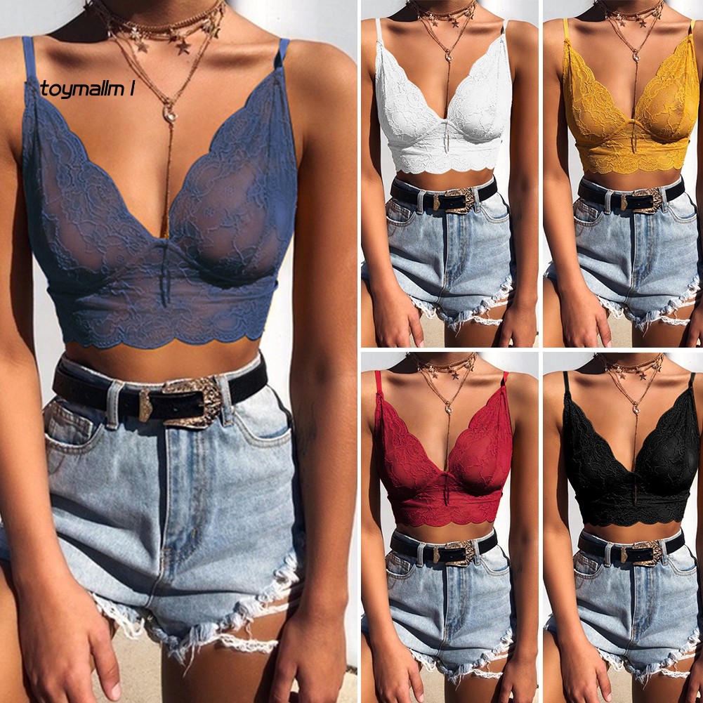 TY♕Sexy Summer Women Solid Color See-through Lace Bra V Neck Camisole Bralette Top