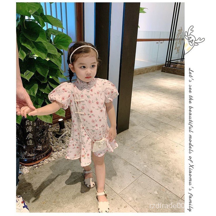 Đầm sườn xám phối vải voản mỏng đáng yêu phong cách Trung Hoa cổ điển thời trang mùa hè dành cho bé gái