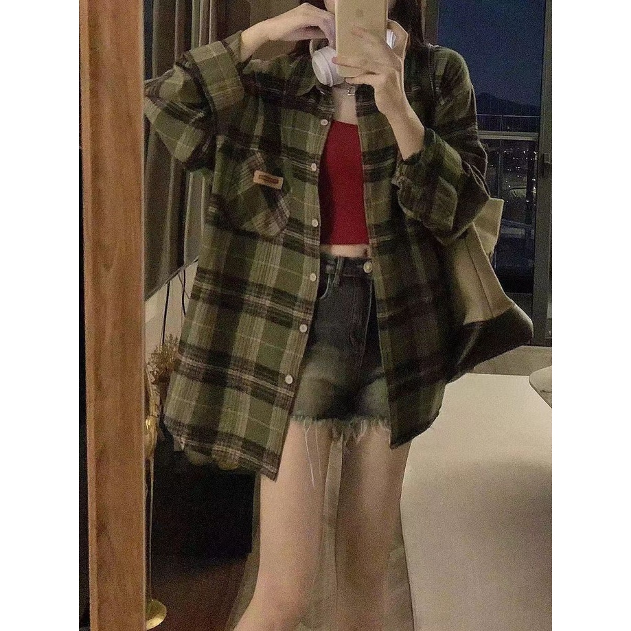 Áo sơ mi công sở nữ Áo Khoác Dáng Rộng Kẻ Sọc Caro Xanh Lá Phong Cách Mới Dễ Phối Đồ Cho Nữ Sinh