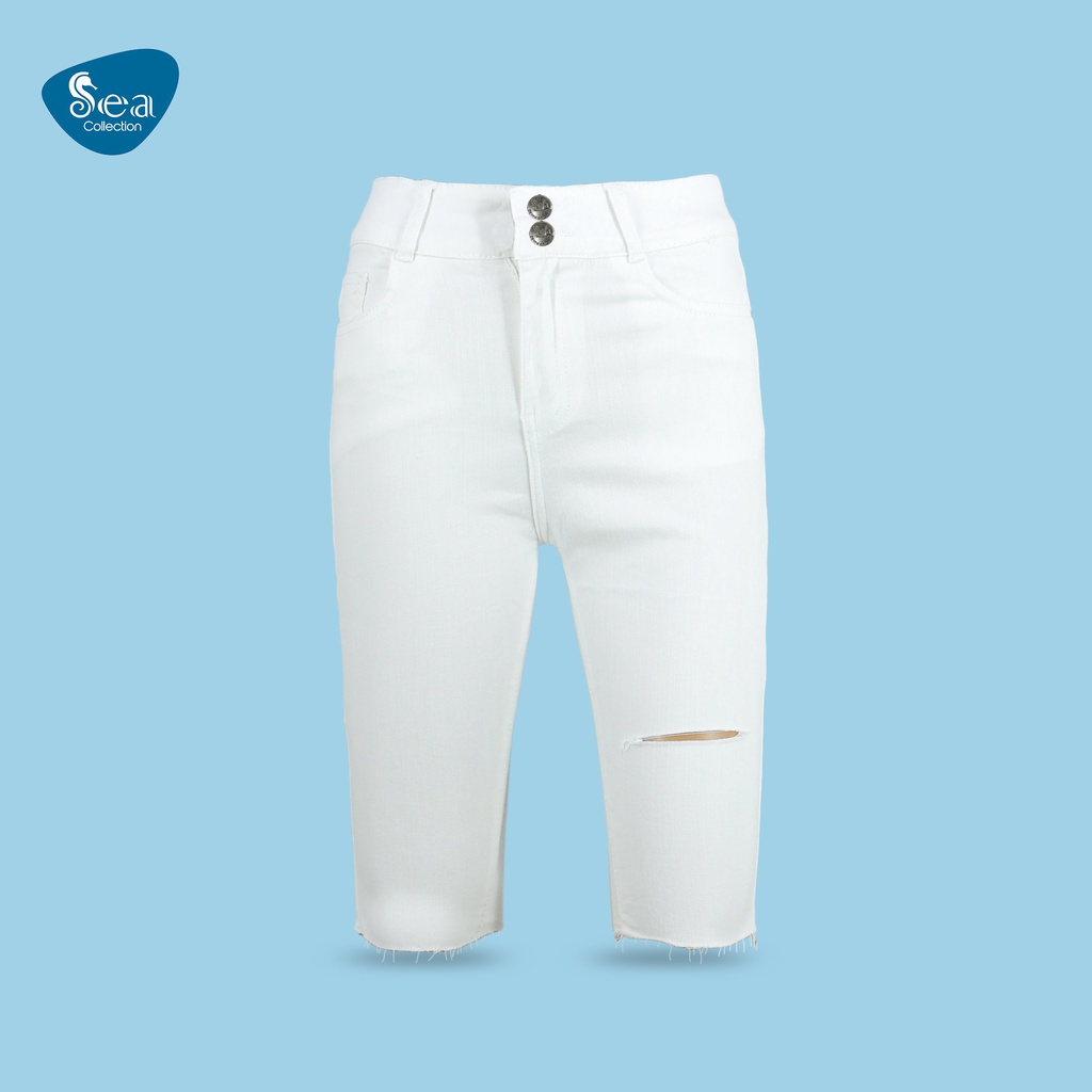 Quần Jeans Lửng Nữ Sea Collection 6175 Rách Lai Màu Trắng Form Ôm