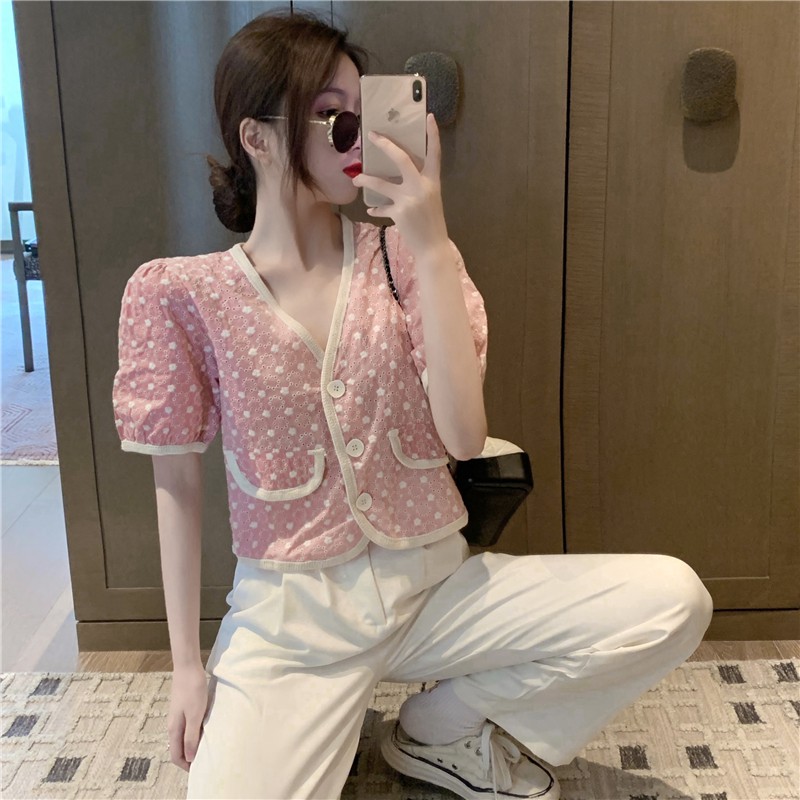 Vintage Crochet Hollow Hong Kong Flavor V-neck Short Sleeve Top