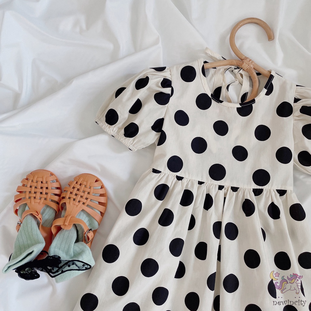 Đầm Tay Phồng Họa Tiết Chấm Bi Phong Cách Hàn Quốc Cho Bé Gái