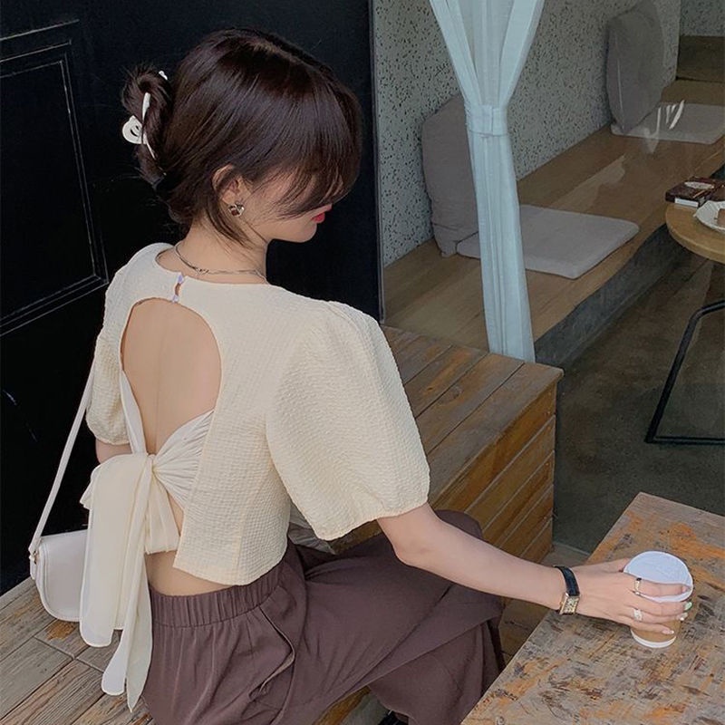 Áo Thun Tay Ngắn Phồng Cổ Vuông Hở Lưng Đính Nơ Thời Trang Mùa Hè Cho Nữ