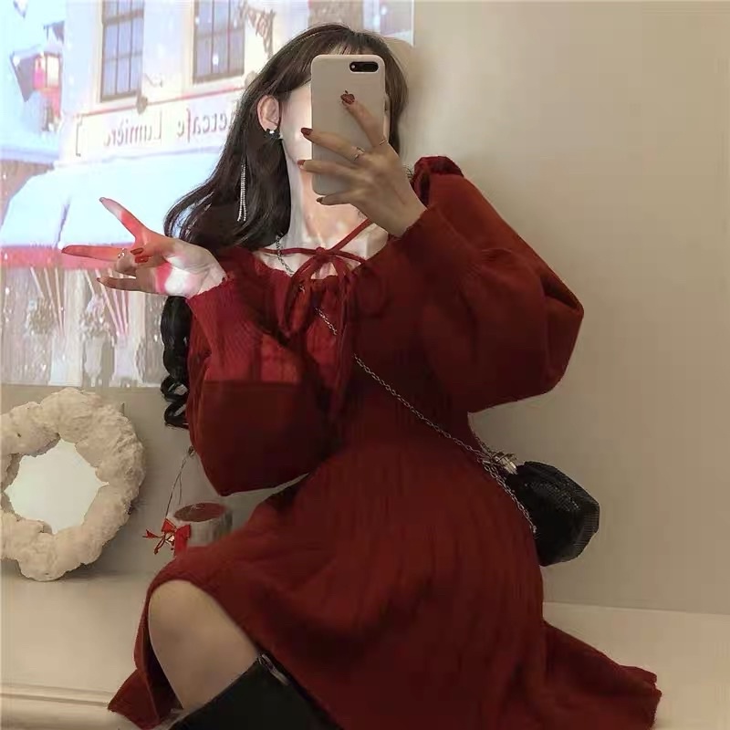 Đầm len trễ vai cổ vuông mặc nhiều kiểu tay phồng xinh xắn thắt nơ xếp ly/Váy đỏ mặc tết dự tiệc chụp ảnh sống ảo
