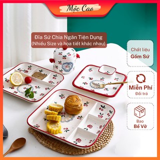 Đĩa sứ, dĩa sứ đẹp chia ngăn họa tiết mai vàng, cherry, chanh vàng decor phụ kiện bàn ăn tiện dụng