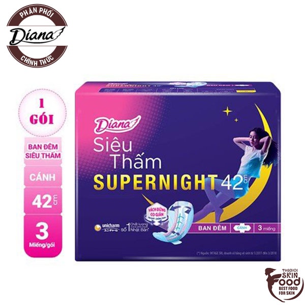 Băng Vệ Sinh Diana Siêu Thấm Super Night Có Cánh 42cm - Hộp 3 Miếng [che tên sản phẩm khi giao hàng]