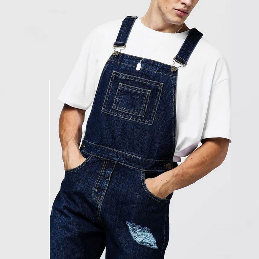 janesame_Mens  Hole Pocket Jeans Overall Jumpsuit  Streetwear  Overall Suspender Pants