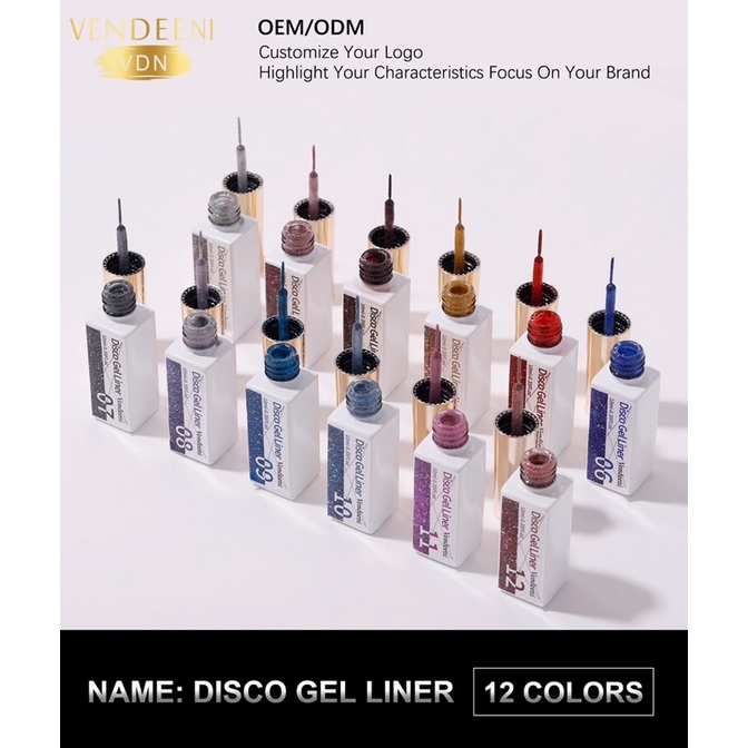 Sơn gel cọ nét vẽ nhũ flash vendeeni set 12 màu