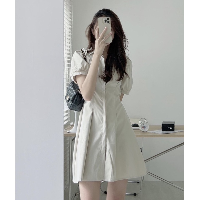 [HÀNG SẴN]VÁY KAKI 2 DA TAY BỒNG CHIẾT EO 1407 siêu xinh