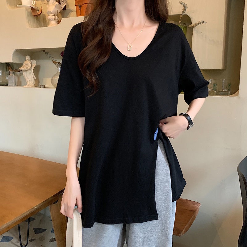 Áo Thun Tay Ngắn Cổ Chữ v Form Rộng Thiết Kế Xẻ Tà Phong Cách Mới