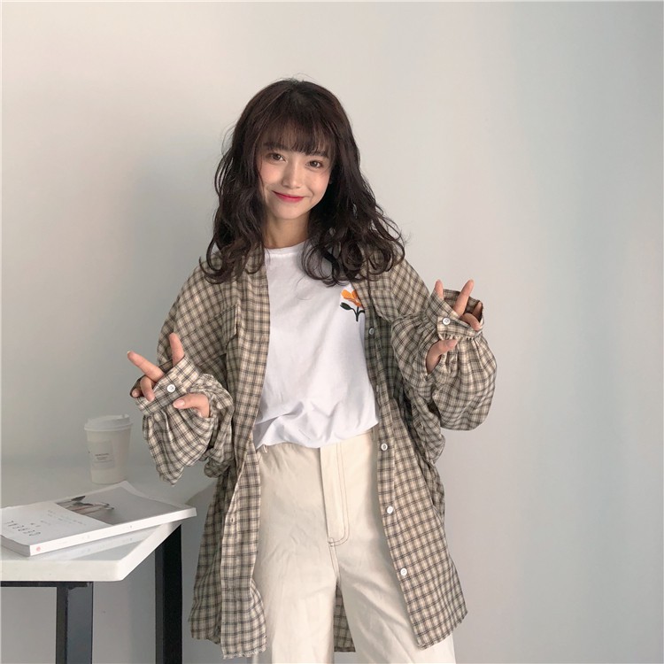 [ORDER] sơ mi ulzzang áo sơ mi nữ kẻ caro đẹp áo dáng dài form rộng oversize kiểu hàn quốc