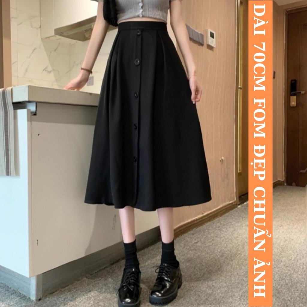 Chân Váy Dài Midi Dáng Xòe Phối 5 Nút Giữa Siêu Đẹp