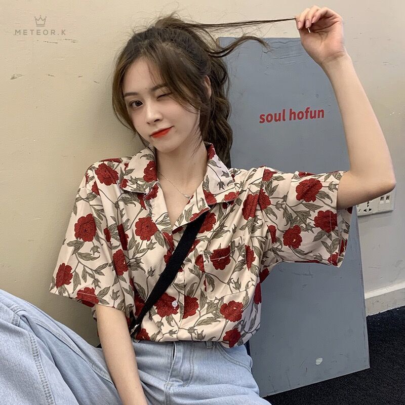 Áo Sơ Mi Chiffon Hàn Quốc Họa Tiết Hoa Retro Cho Nữ