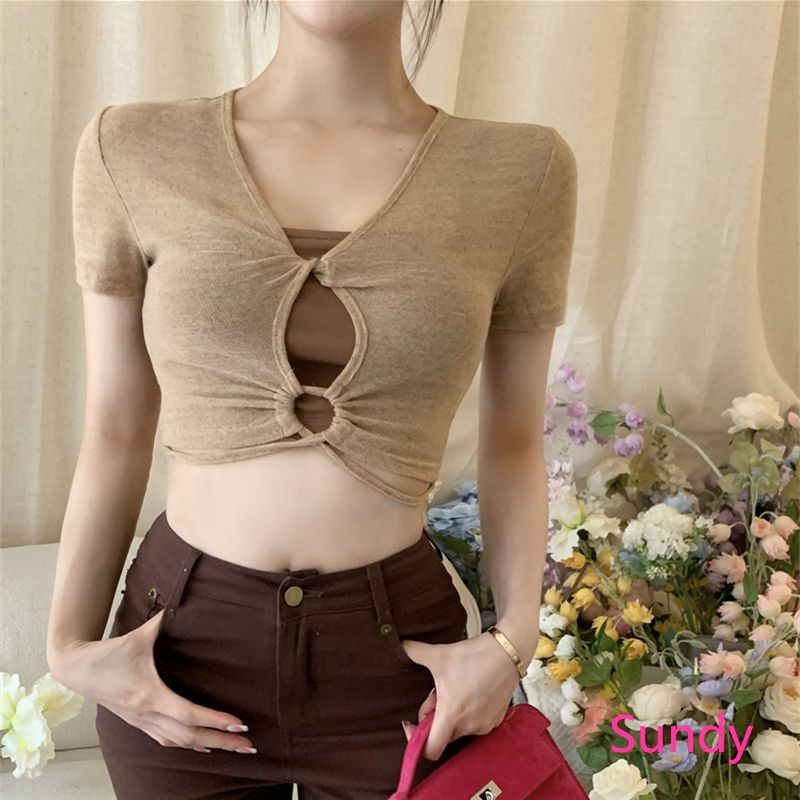 Áo Croptop Tay Ngắn Cổ Chữ V Phối Màu Thời Trang Mùa Hè Quyến Rũ Cho Nữ