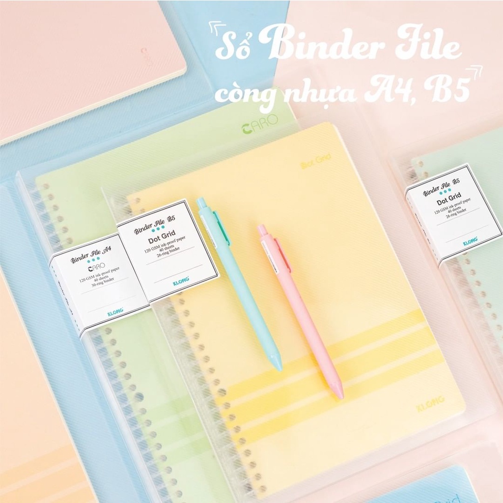 Sổ KLONG Binder B5 A4 120gsm CÒNG NHỰA 26 30 LỖ caro dotgrid kẻ ngang chính hãng 100%