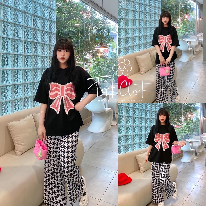 Set áo cotton đen nơ quần suông gân A9