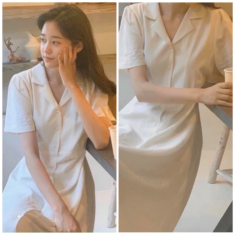 Đầm váy sơ mi trắng nút trước