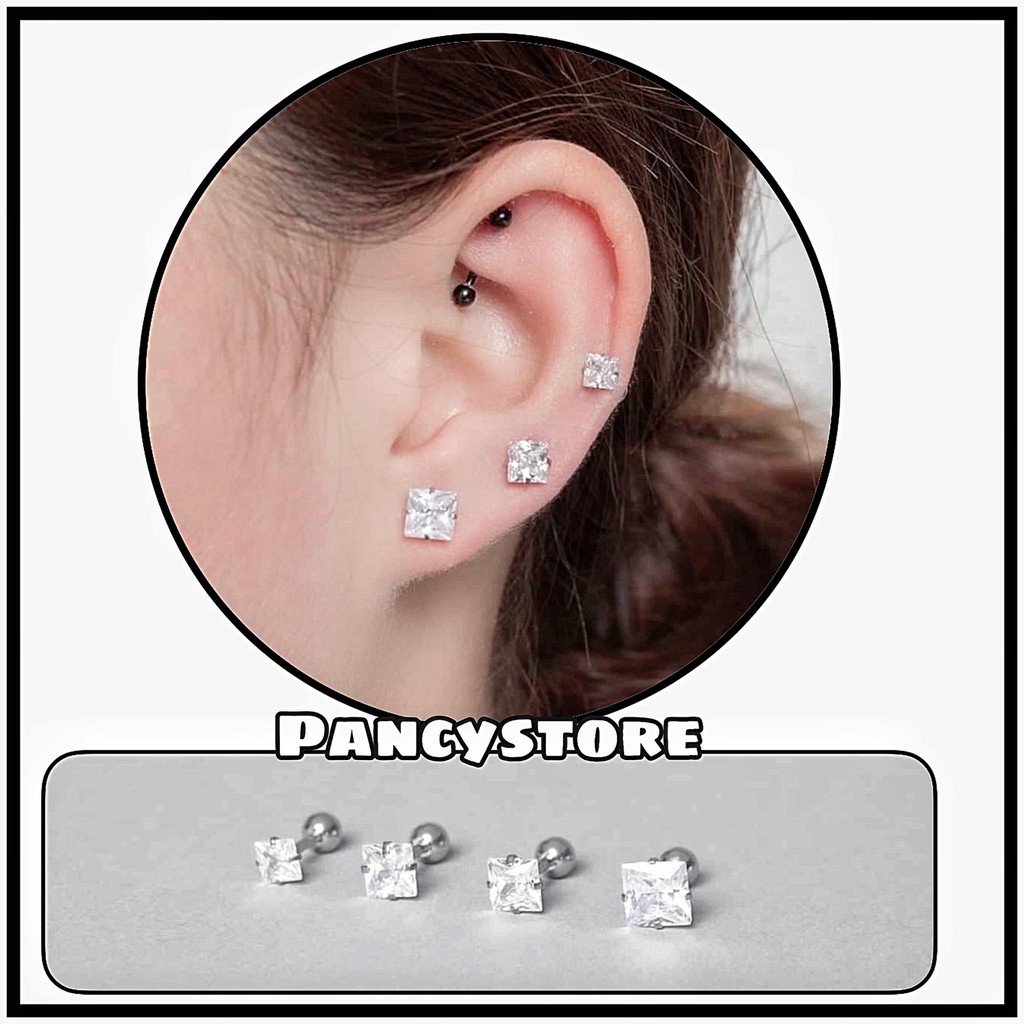 khuyên tai bông tai titan tứ giác kim không gỉ