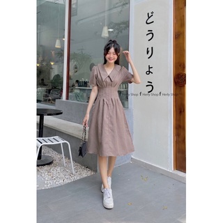 ĐẦM MIDI CỔ BẺ XẾP LY EO