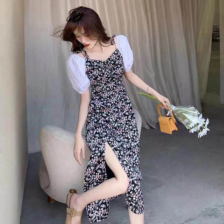 Đầm IELGY dáng dài qua đầu gối tay ngắn phối hai dây in họa tiết hoa phong cách Pháp thời trang dành cho nữ