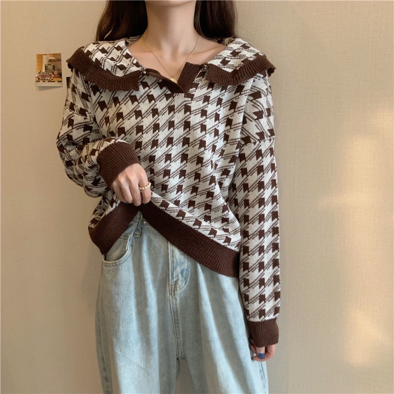 Áo dệt kim tay dài cổ búp bê dáng rộng phong cách hàn quốc