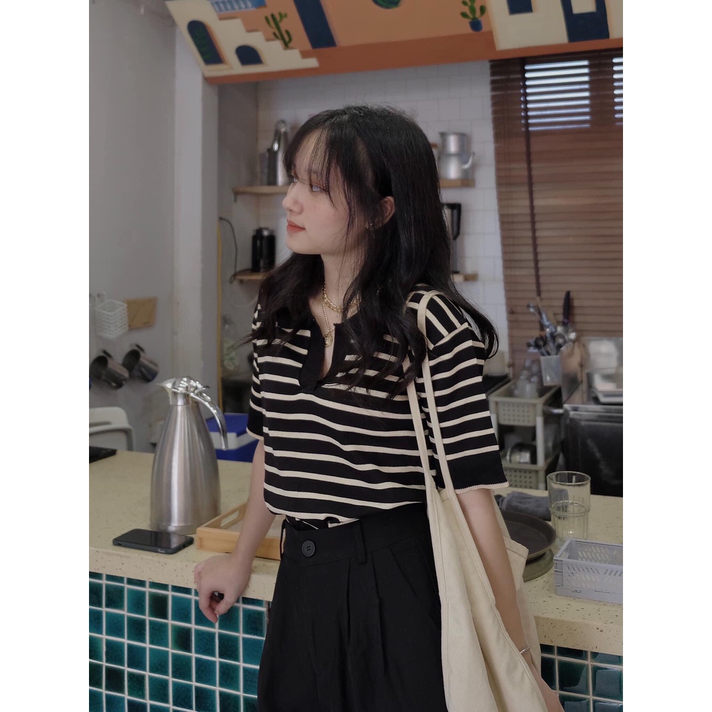 Áo len kẻ ngang cổ bẻ