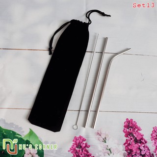 SET 13 - Set ống hút inox đặc biệt 1 ống inox thẳng + 1 ống inox cong + 1 cọ cứng + 1 túi vải