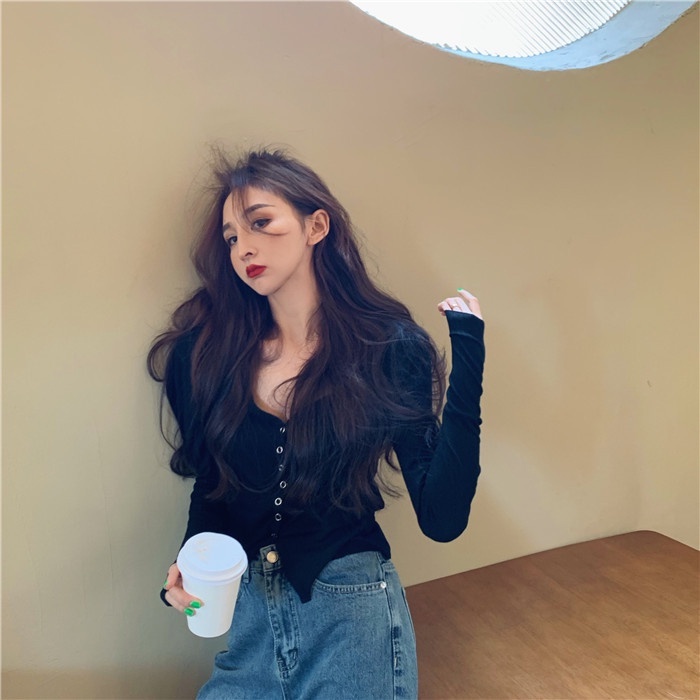 【HangFei】Áo Cardigan Dệt Kim Tay Dài Cổ Chữ V Lưng Cao Phong Cách Retro