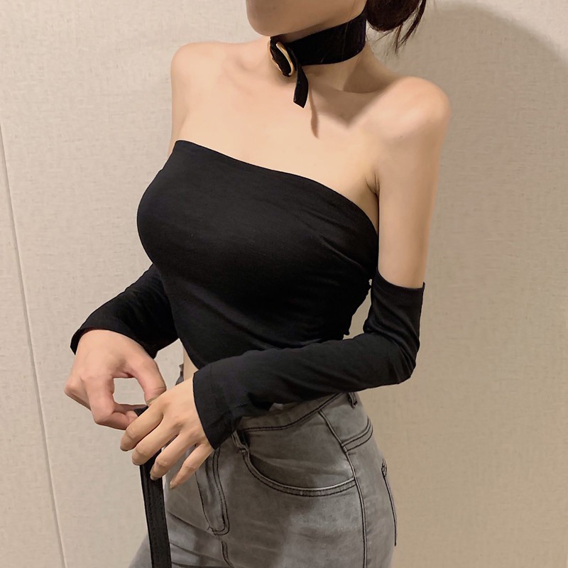 Áo thun trễ vai tay dài kiểu dáng sexy theo phong cách Hàn Quốc