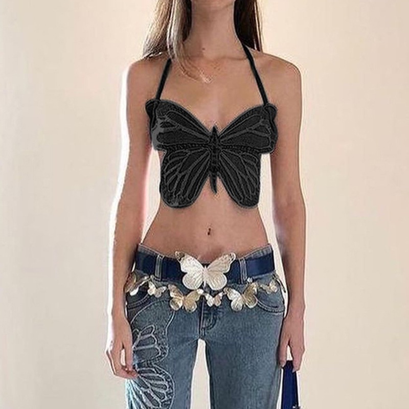 Áo croptop hai dây MMIOT Y2K hở lưng họa tiết bướm dễ thương thời trang quyến rũ cho nữ