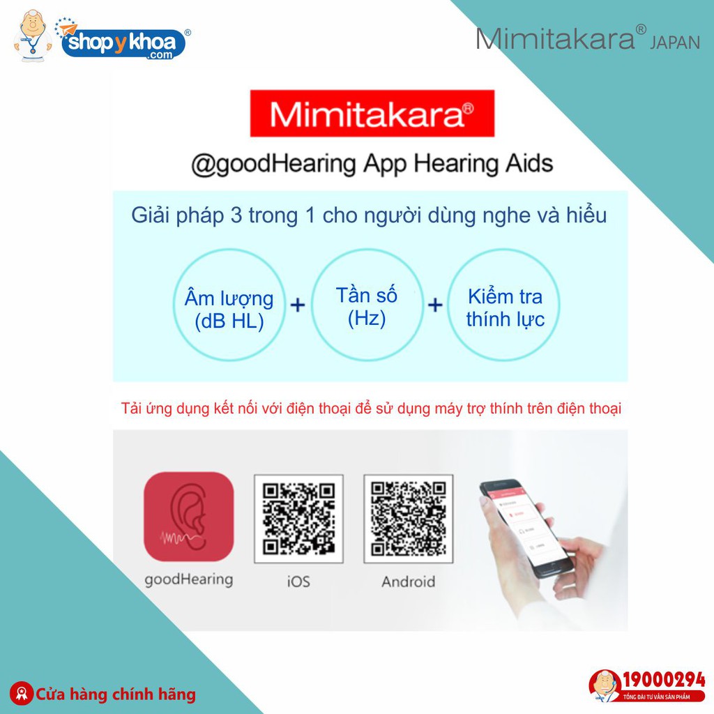 Máy Trợ Thính 2 Tai Nghe, Bluetooth, Pin Sạc, Ứng Dụng Smartphone Mimitakara  . Made In Taiwan