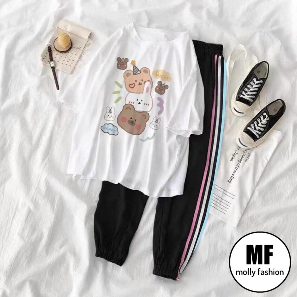 Set đồ bộ quần dài JOGGER ĐEN 3 SỌC NHIỀU MẪU ❤️ Bộ hoạt hình form rộng Freesize Unisex nam nữ Molly Fashion