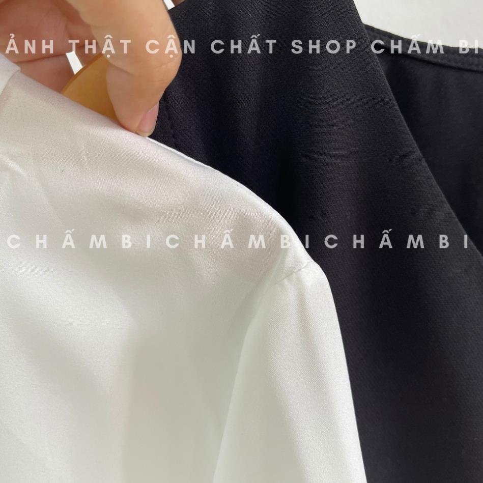 Set váy nữ tiểu thư V.090, Set váy sơ mi trắng dáng dài xếp ly chân và yếm đen cổ V thắt nơ eo cực xinh