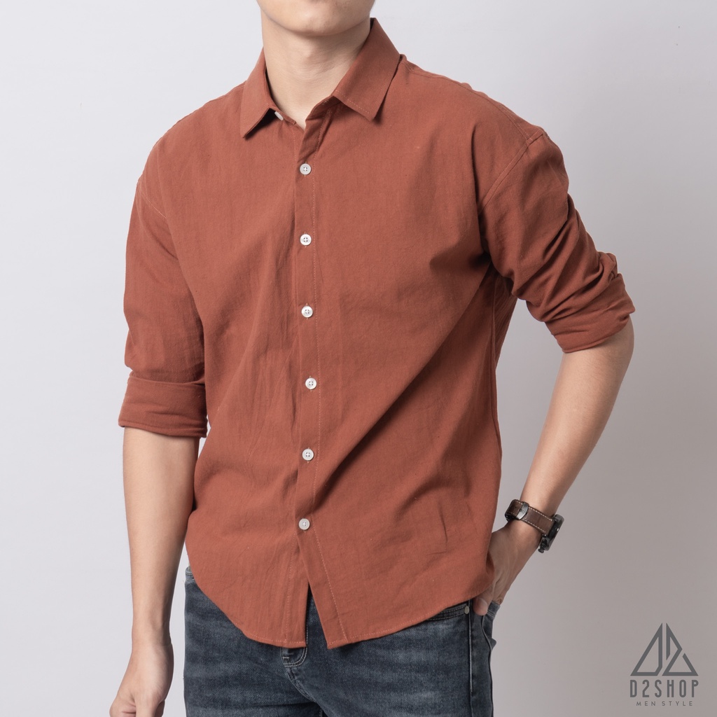 Áo sơ mi D2shop, áo sơ mi nam dài tay vải linen trơn, màu cam đất