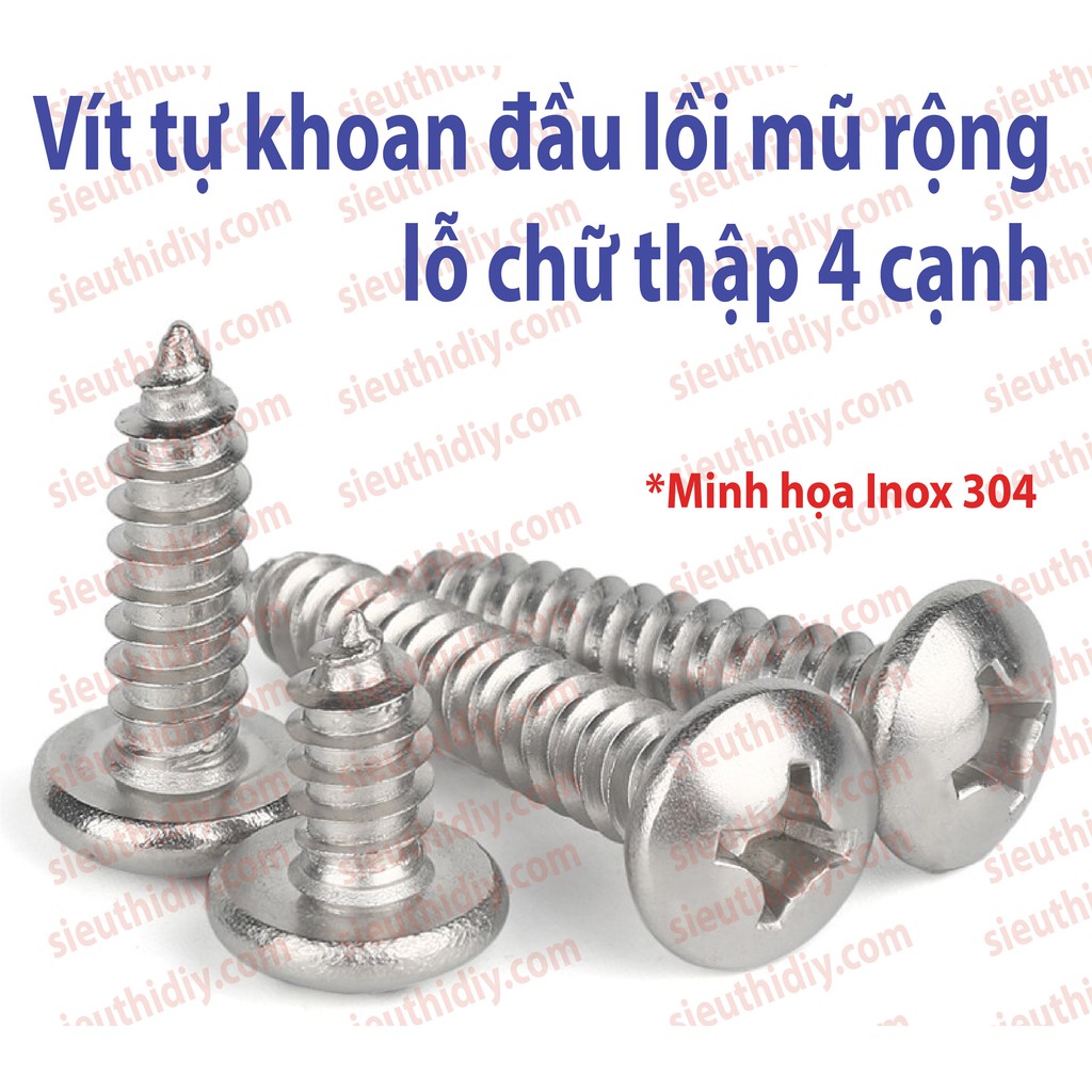 Ốc vít TA M3M3.5M4M5M6 tự khoan đầu lồi rộng lỗ 4 cạnh - Inox 304