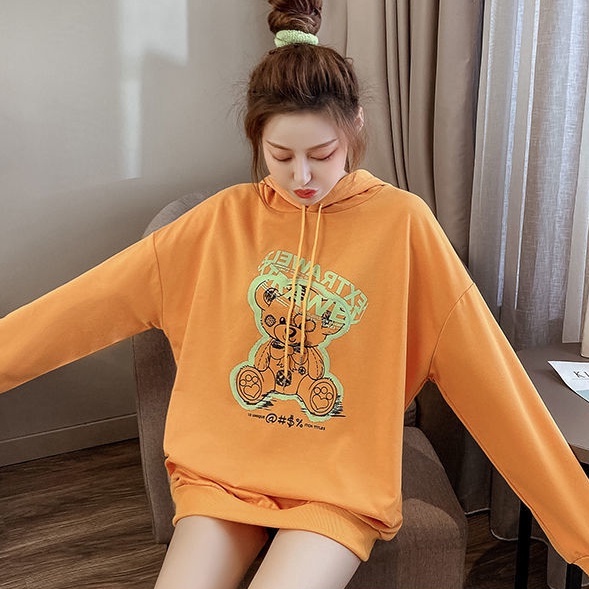 ZHELIHANGFEI Áo Hoodie Tay Dài Dáng Rộng In Hình Gấu Dễ Phối Đồ