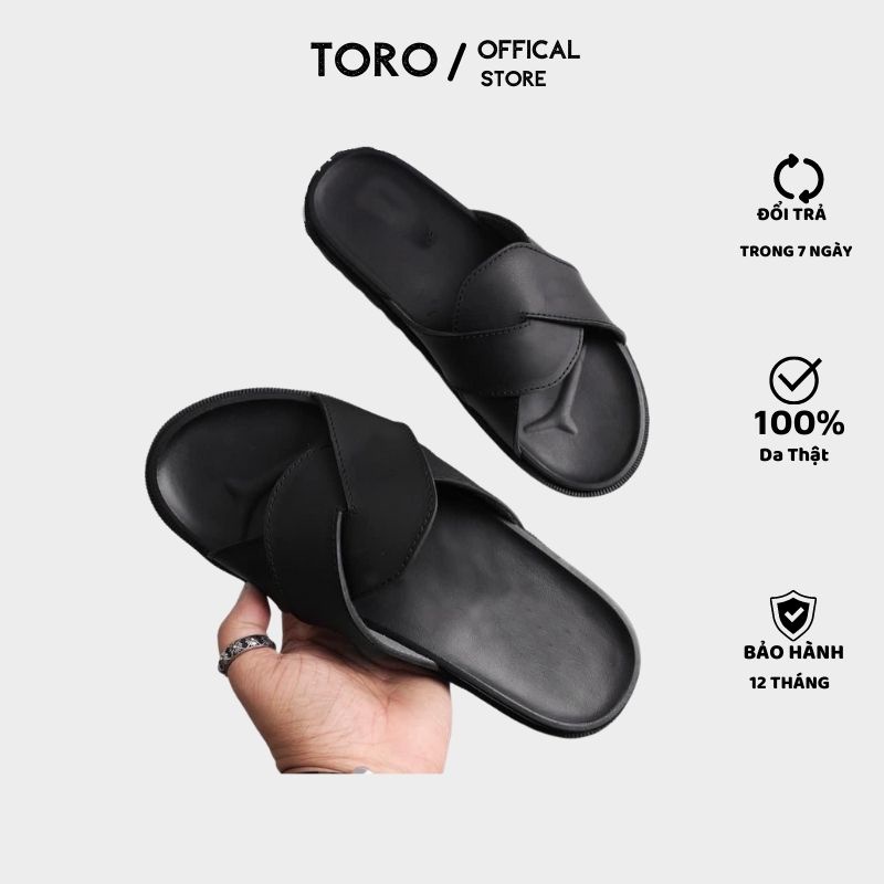 Dép da nam , dép nam quai đan chéo da bò cao cấp Toro , đế cao su non màu đen A02