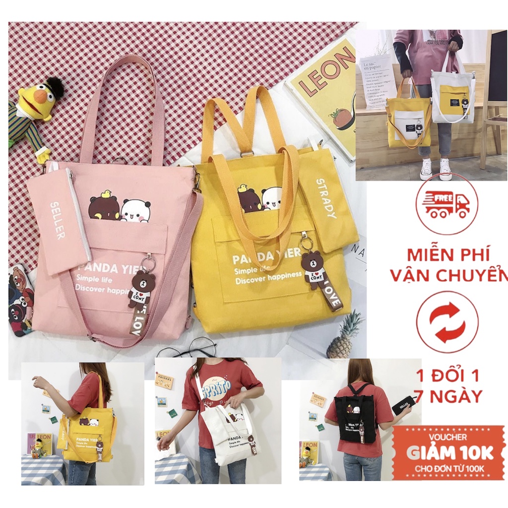 Tote bag Một chiếc túi 4 kiểu đeo, túi vải bố mèo con khoá gấu balo xách canvas đa năng đeo chéo nữ, cặp sách học sinh