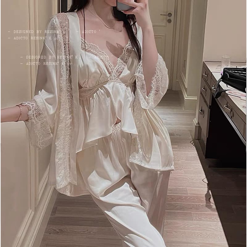 Bộ đồ ngủ Lụa VALIS Pháp sleep kèm choàng viền ren cao cấp