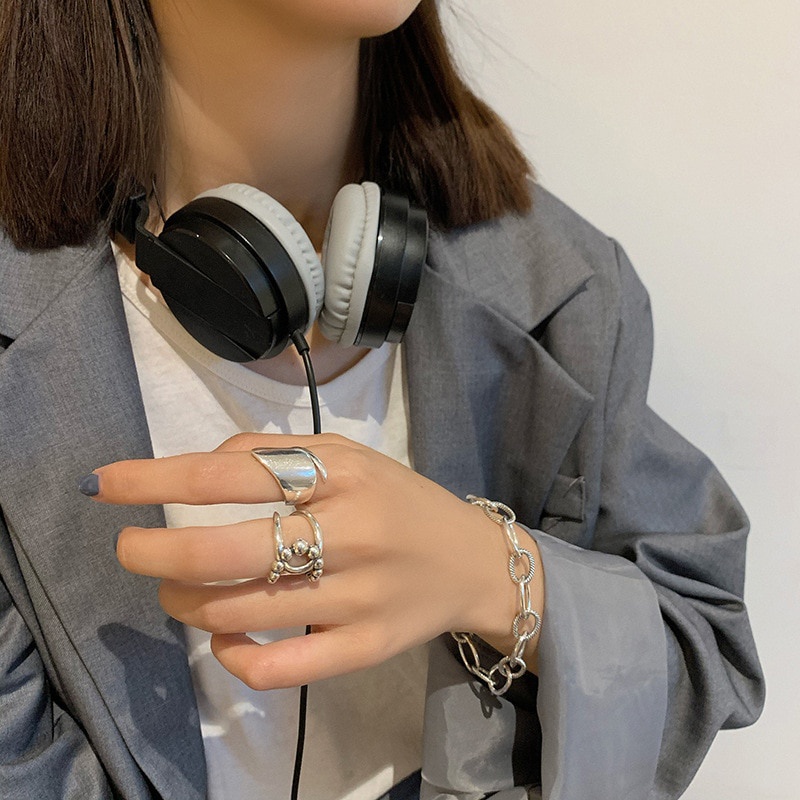 Nhẫn Màu Vàng / Bạc QMCOCO Kiểu Dáng Hình Học Phong Cách Vintage Thời Trang Cho Nữ