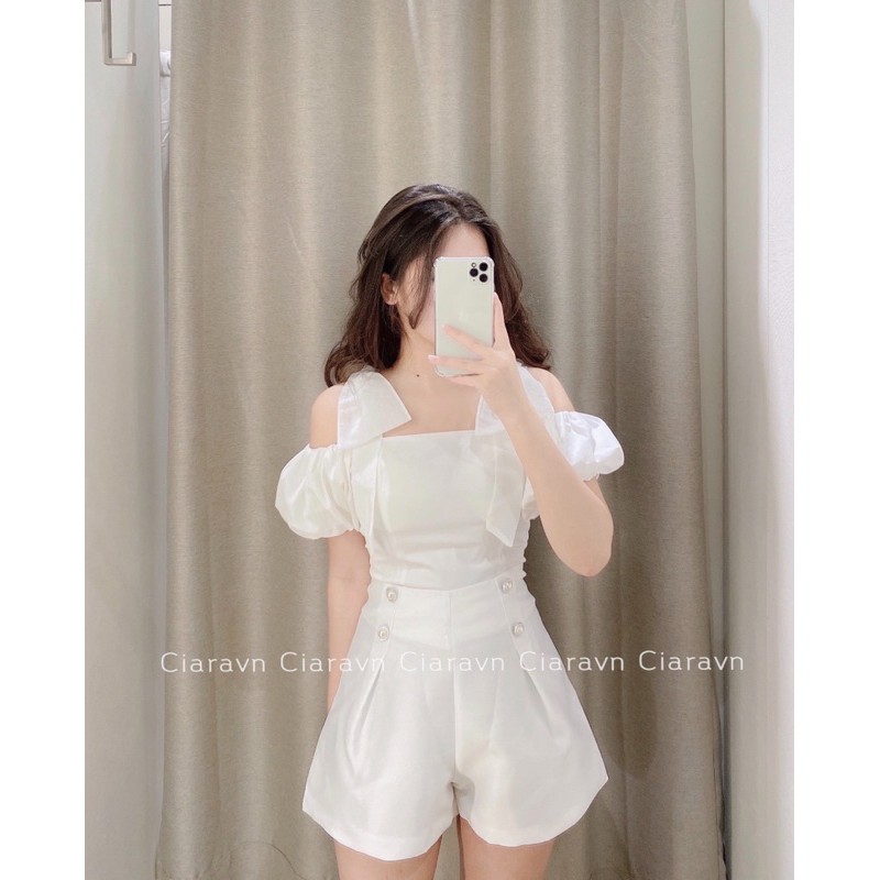 Áo tay bồng nơ vai (đen/trắng)