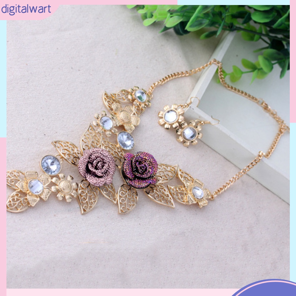 Bộ Vòng cổ + Bông Tai Hình Hoa Lá Có Đính Kim Cương Giả Cho Nữ