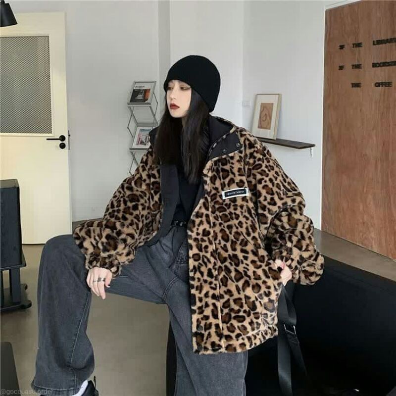Áo khoác ulzzang siêu dày form rộng họa tiết da báo (mặc được cả 2 mặt) - Có ảnh thật