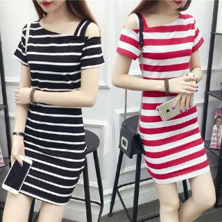 Áo thun dài sọc lệch vai Hàn Quốc ngắn tay bó sát váy chữ A
